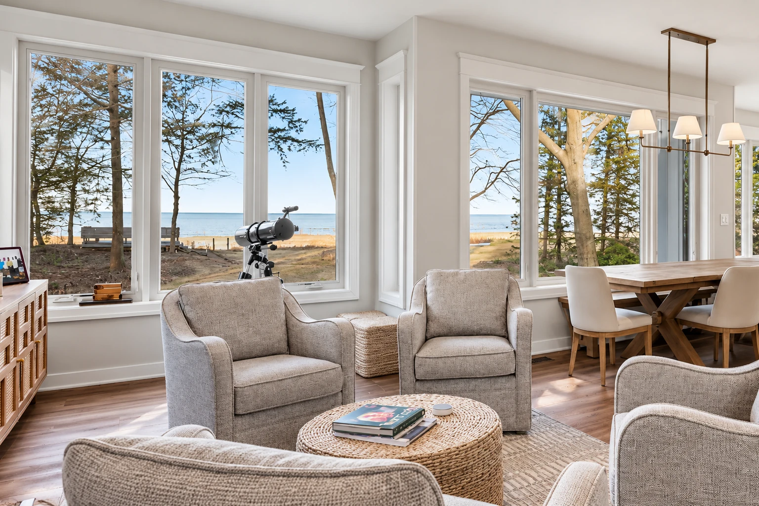 Bright living room with gray armchairs and a woven coffee table, overlooking a beach through large windows.