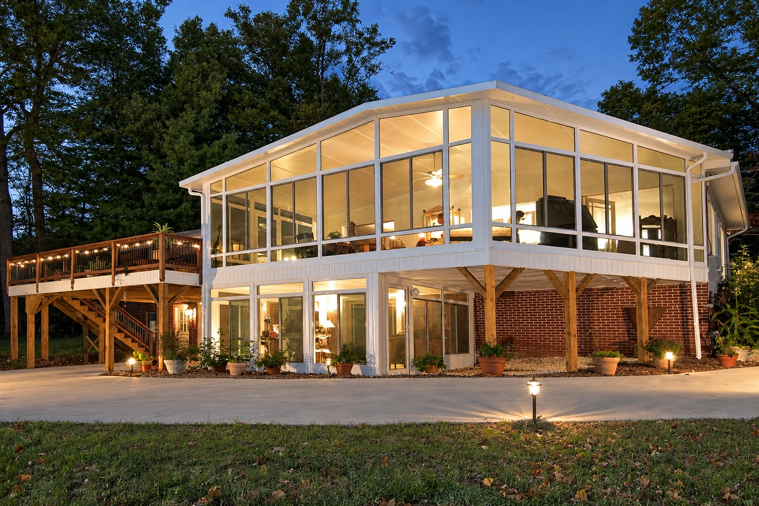 Two-story all-season sunroom with broad windows glows beside an elevated wooden deck at dusk.