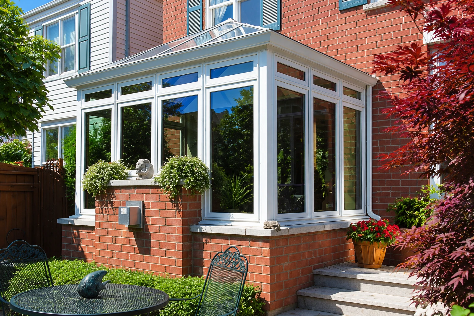 A custom sunroom with white-framed windows and a glass roof adjoins a red brick house beside patio steps and garden seating.
