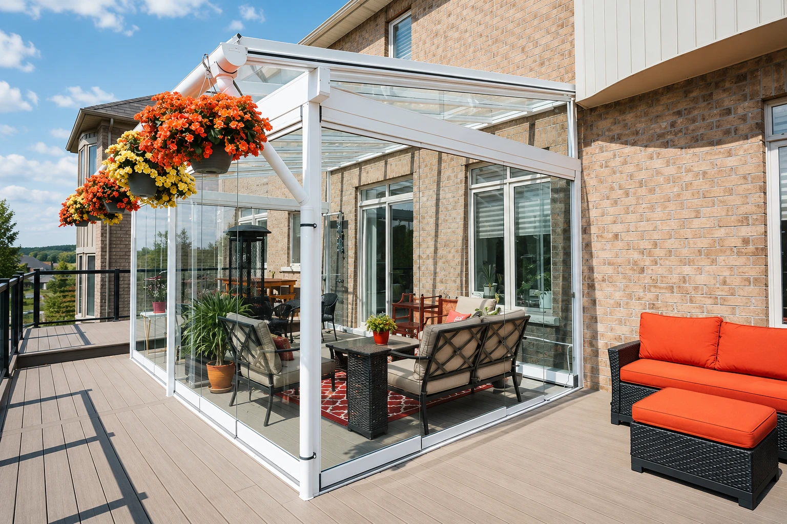 Glass sunroom addition with a white frame and sloped roof opens onto a deck furnished with seating and hanging flower baskets.