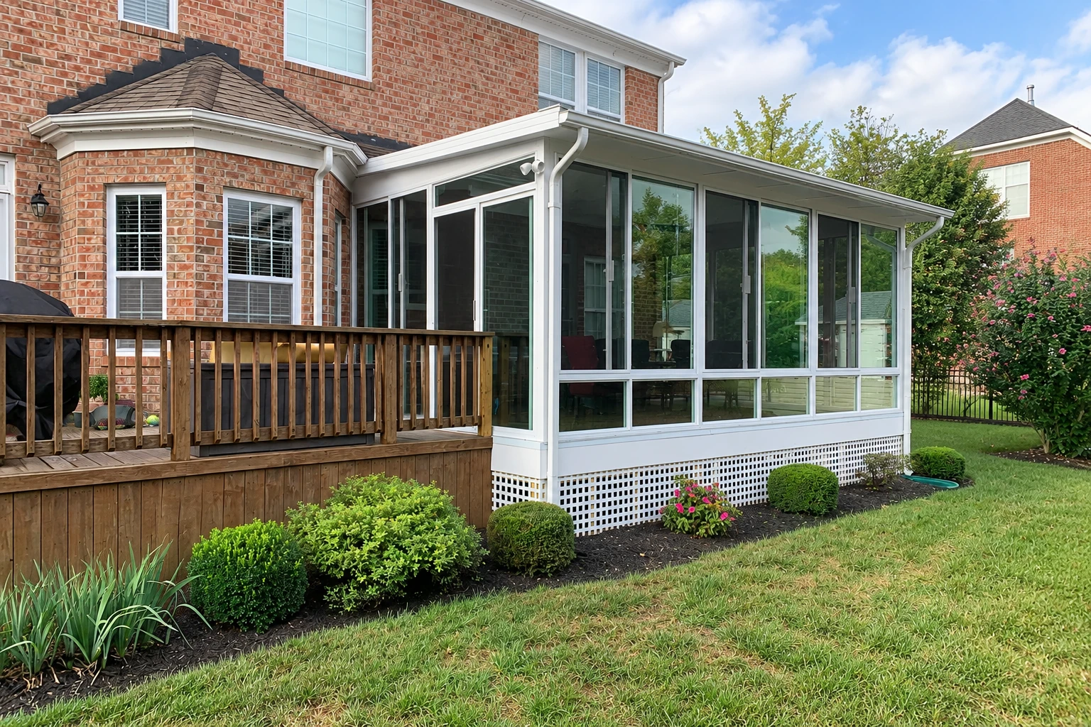 A white-framed glass sunroom extends from a brick house beside a wooden deck, lawn, and landscaped garden.