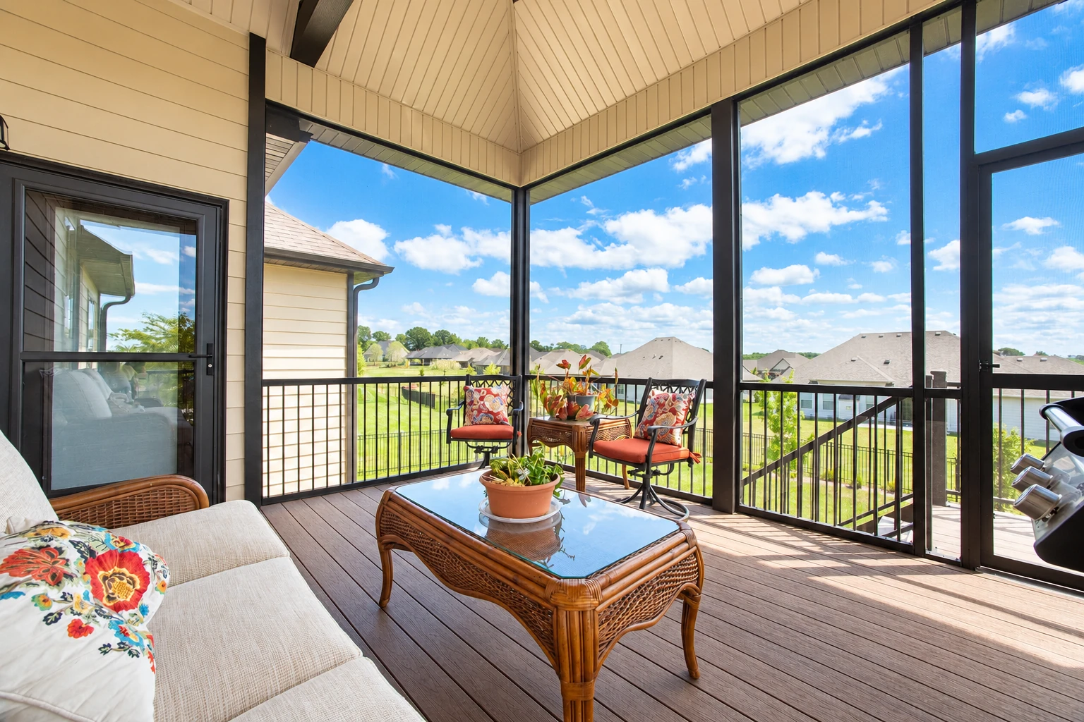 Screened patio enclosure with black framing, wicker seating, and views of a sunny suburban neighborhood.