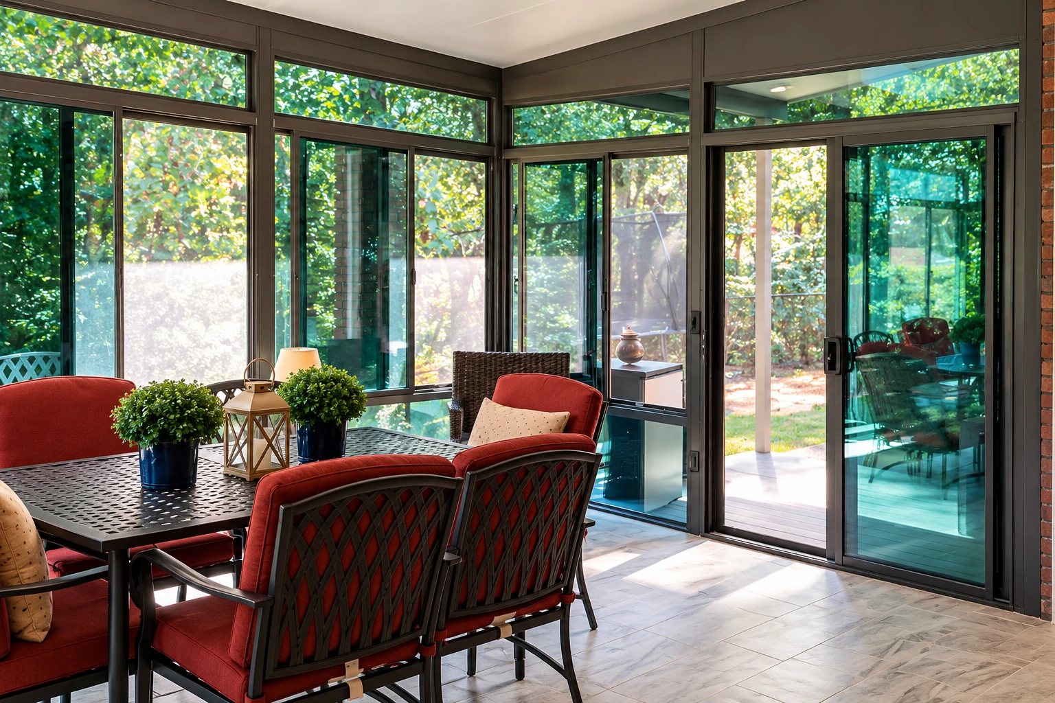 A glass-enclosed patio room has dark frames, red cushioned dining chairs, a table with plants, and sliding doors opening to a leafy yard.
