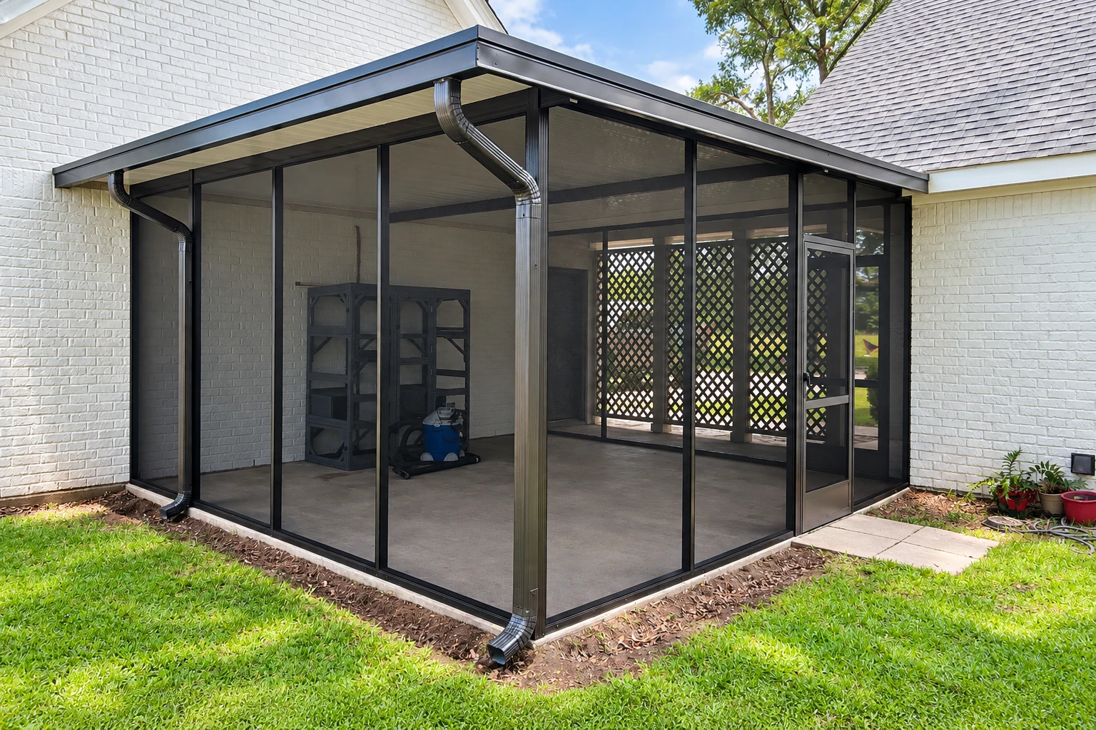 A black-framed screened patio enclosure with a low sloped roof is attached to a white brick house.