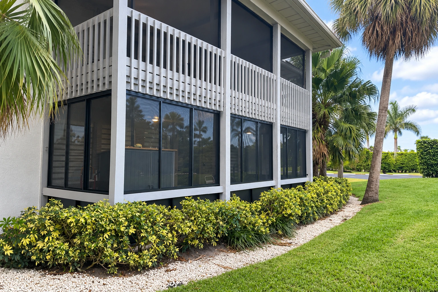 Enclosed patio with dark screened panels and white framing, bordered by shrubs and palm trees.