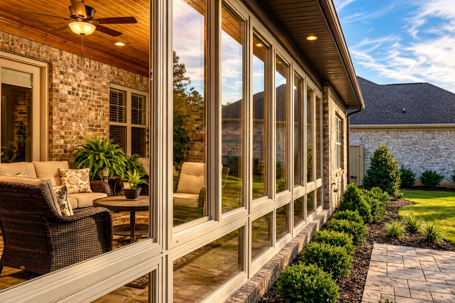Patio-to-sunroom conversion with tall framed windows beside a brick house, revealing a warmly lit sitting area.