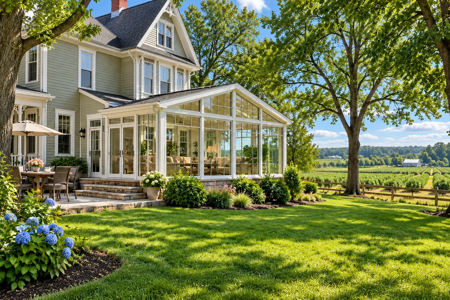 Glass solarium attached to a country house, with a peaked roof, white framing, and garden views.