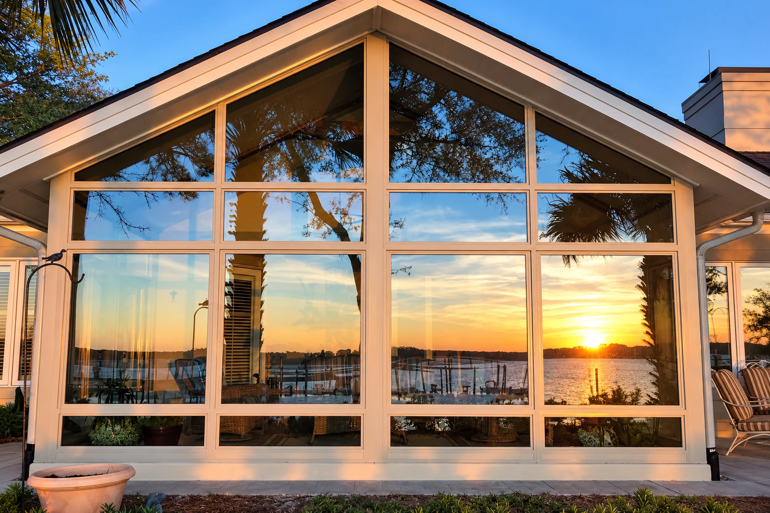 Solarium with a peaked roof and large white-framed windows reflects a sunset over the water.