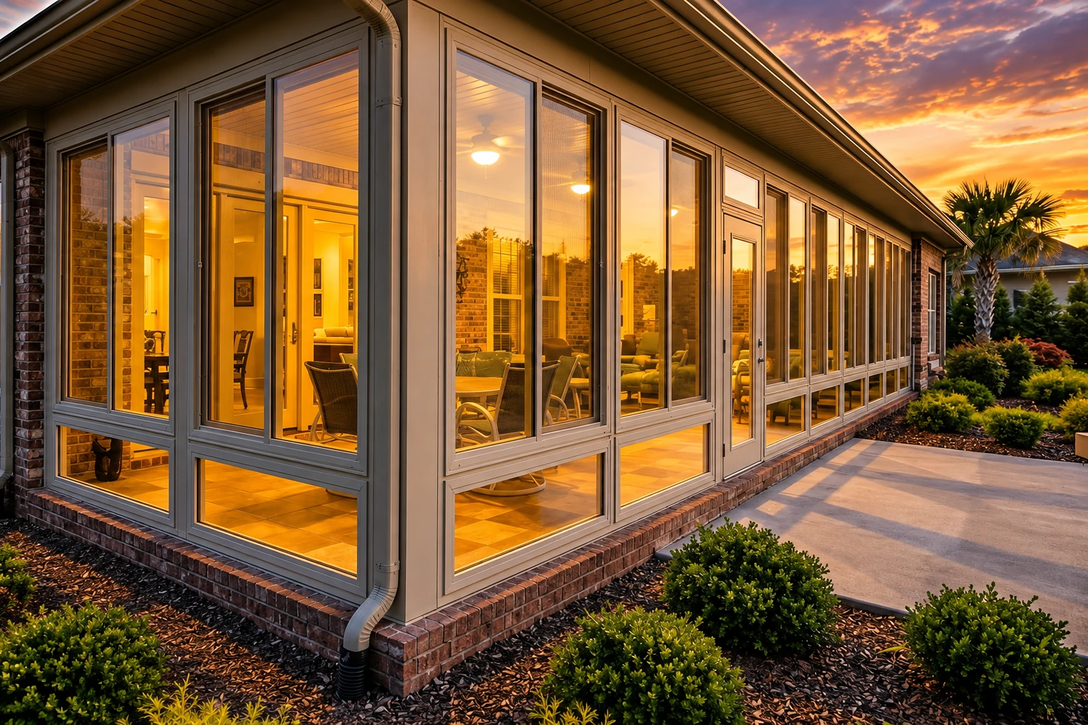 A long, glass-enclosed sunroom with light frames and a brick base glows warmly at sunset beside a paved patio.