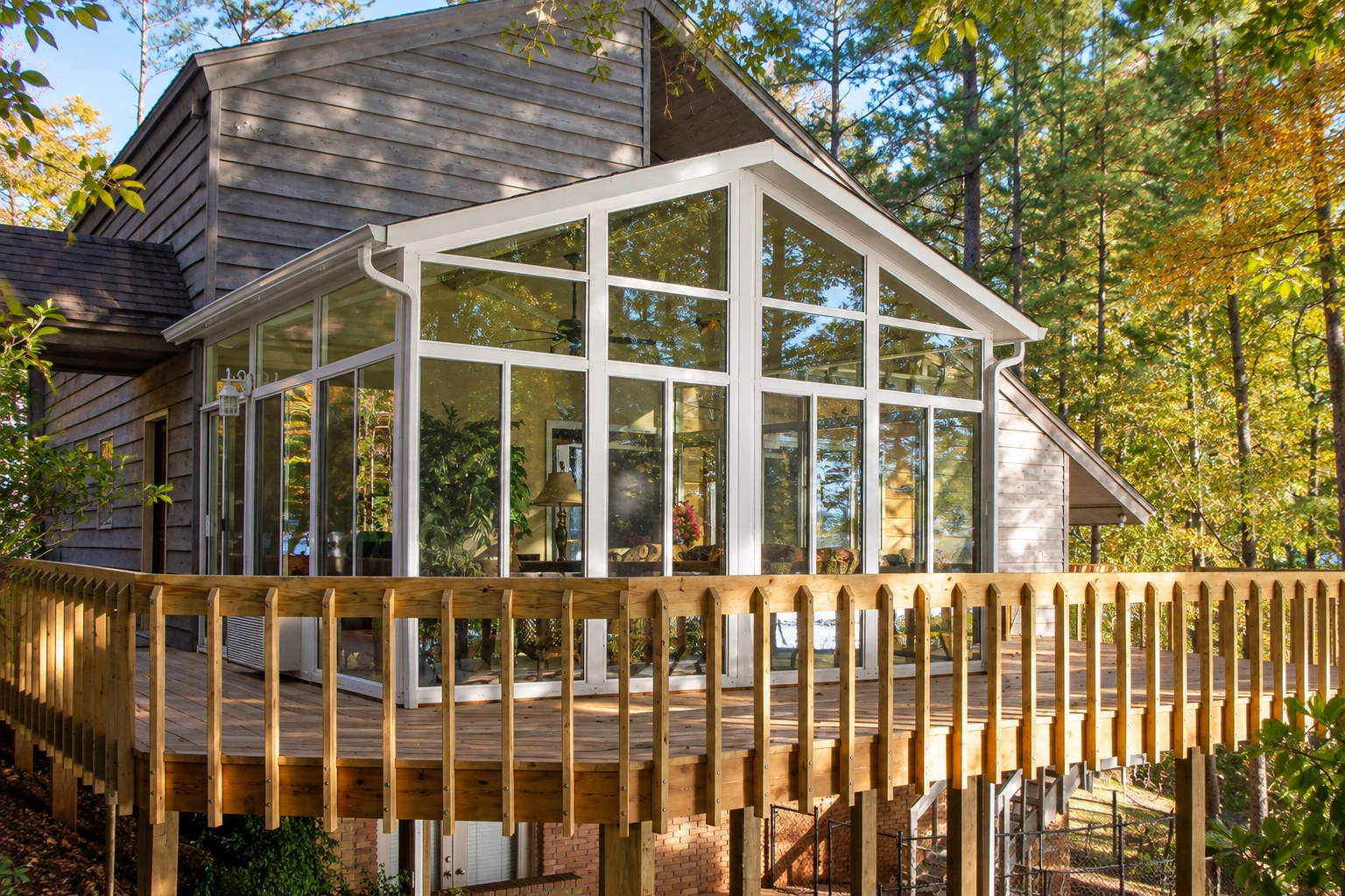 A white-framed glass sunroom addition extends from a wood-sided house above a raised deck, surrounded by autumn trees.