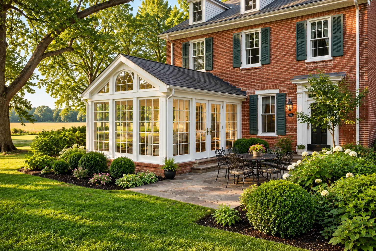 White-framed sunroom with a peaked glass roof beside a brick house and landscaped garden.