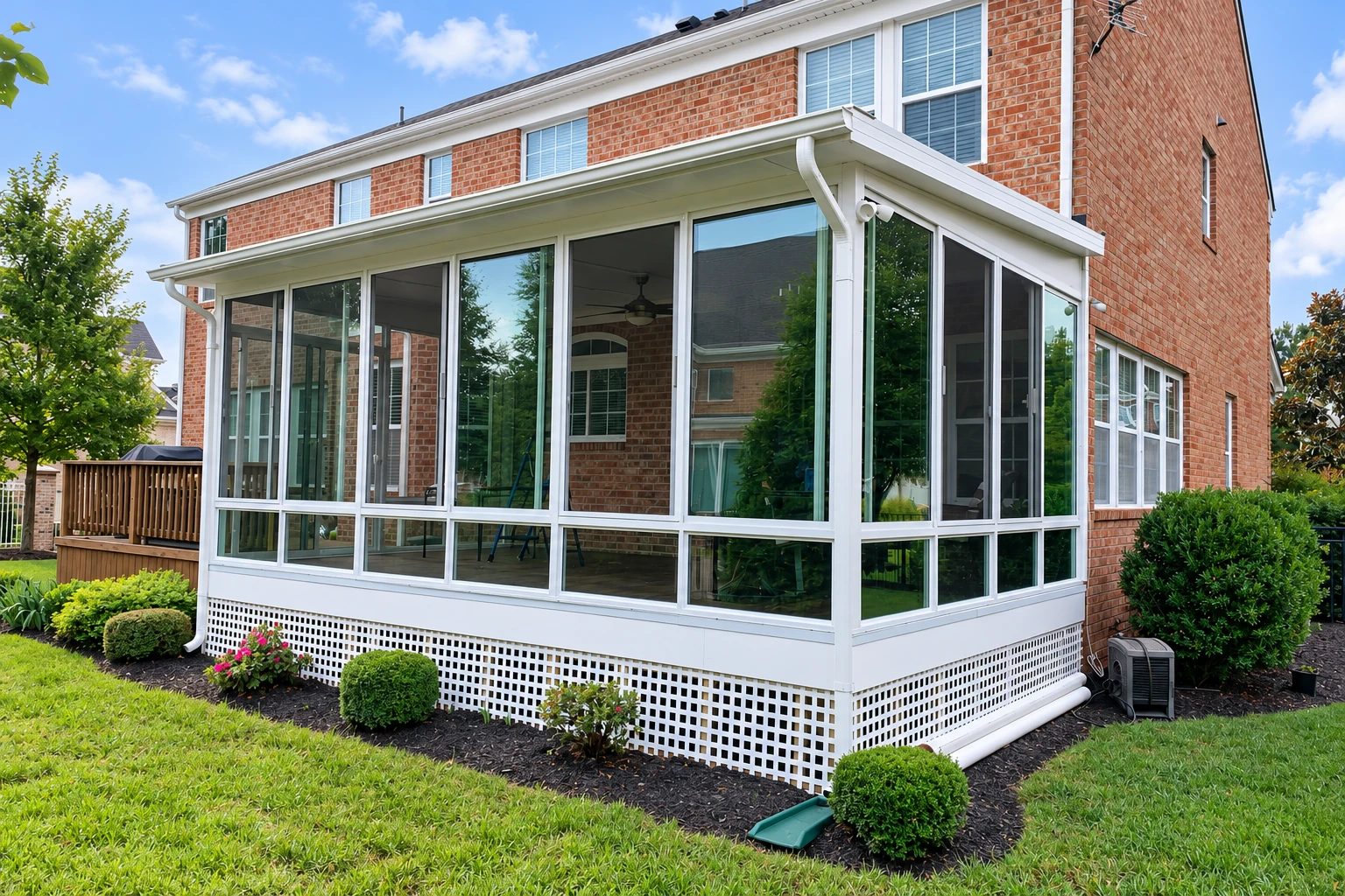 A white-framed sunroom with broad windows and lattice skirting extends from a two-story brick house into a landscaped backyard.