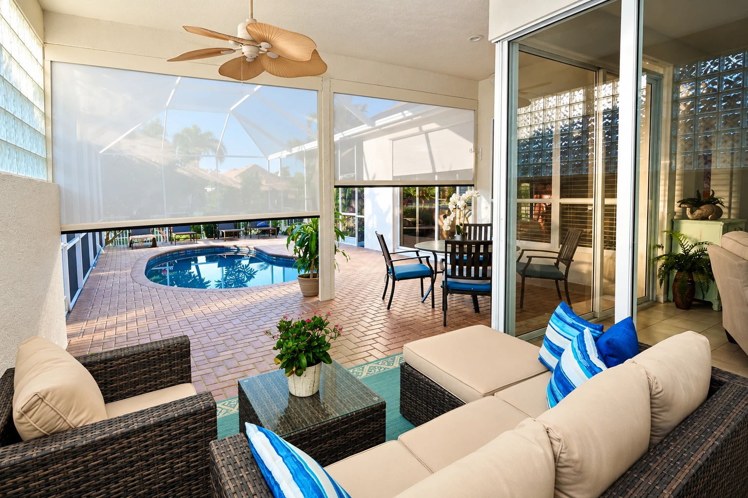 A bright remodeled sunroom opens to a screened patio with a small pool, dining set, and wicker lounge seating.
