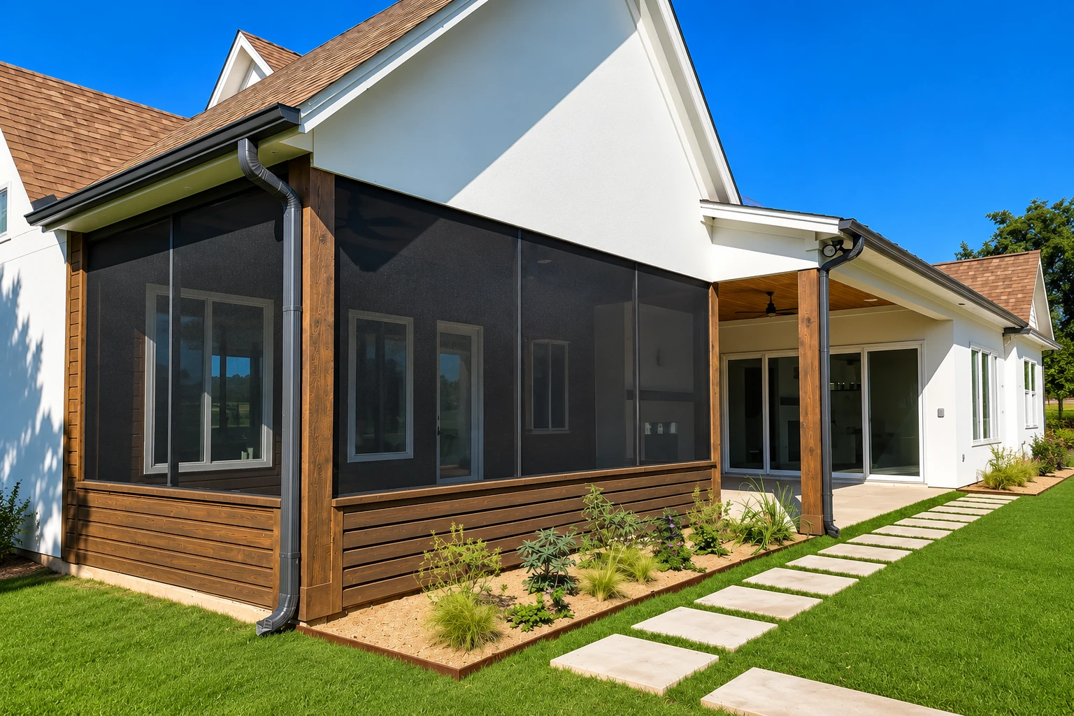 House exterior with a dark screened patio enclosure, wood trim, and a stepping-stone path across the lawn.