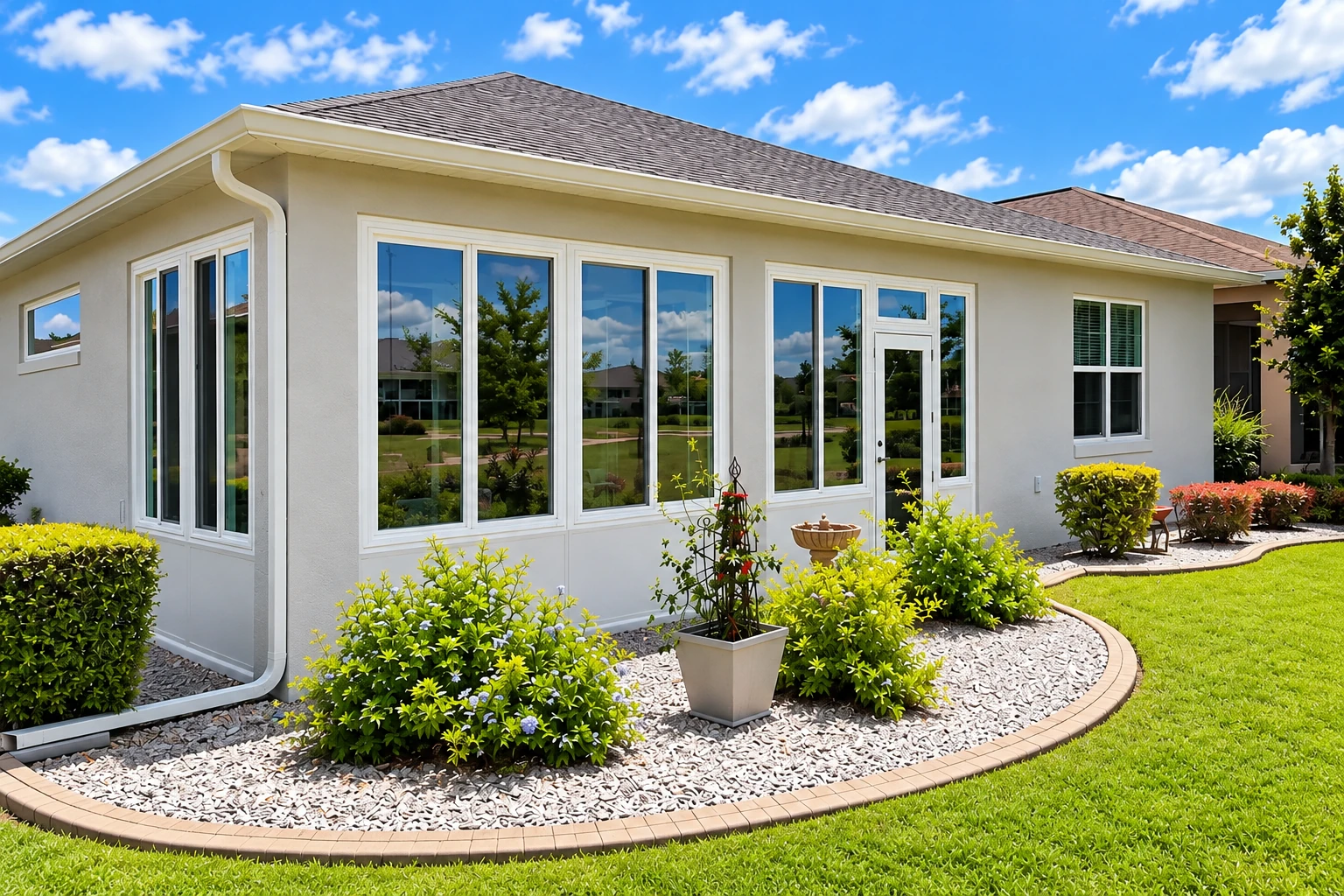A white three-season sunroom with large windows and a glass door sits along a stucco home beside a landscaped garden.